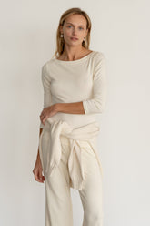 Women Creme Baby Rib Boat Neck