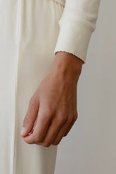 Women Creme Baby Rib Scallop Long Sleeve