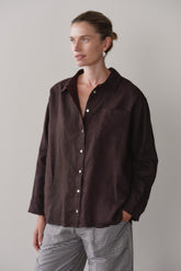 Women Espresso Linen Relaxed Shirt
