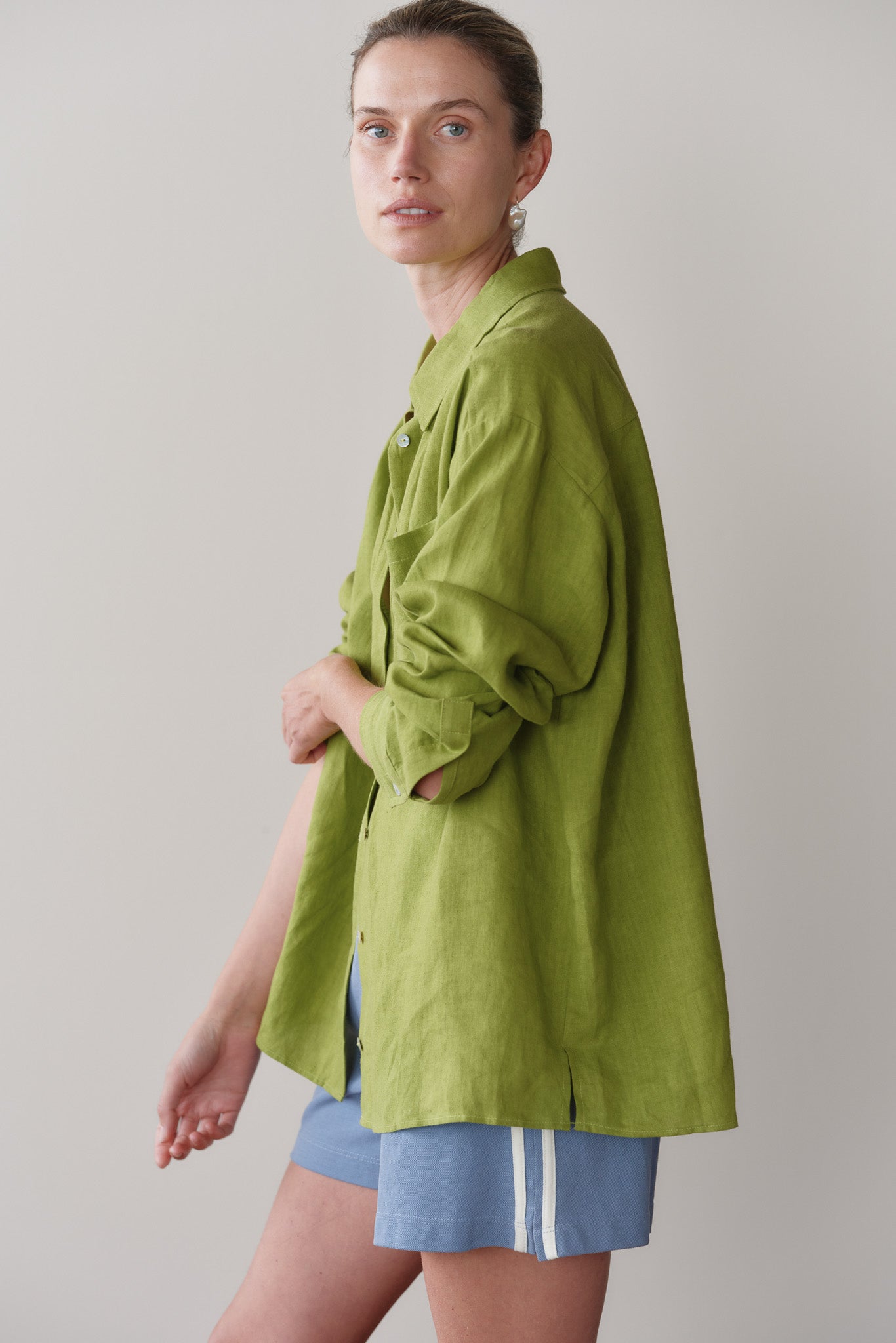 Women Pistachio Linen Relaxed Shirt