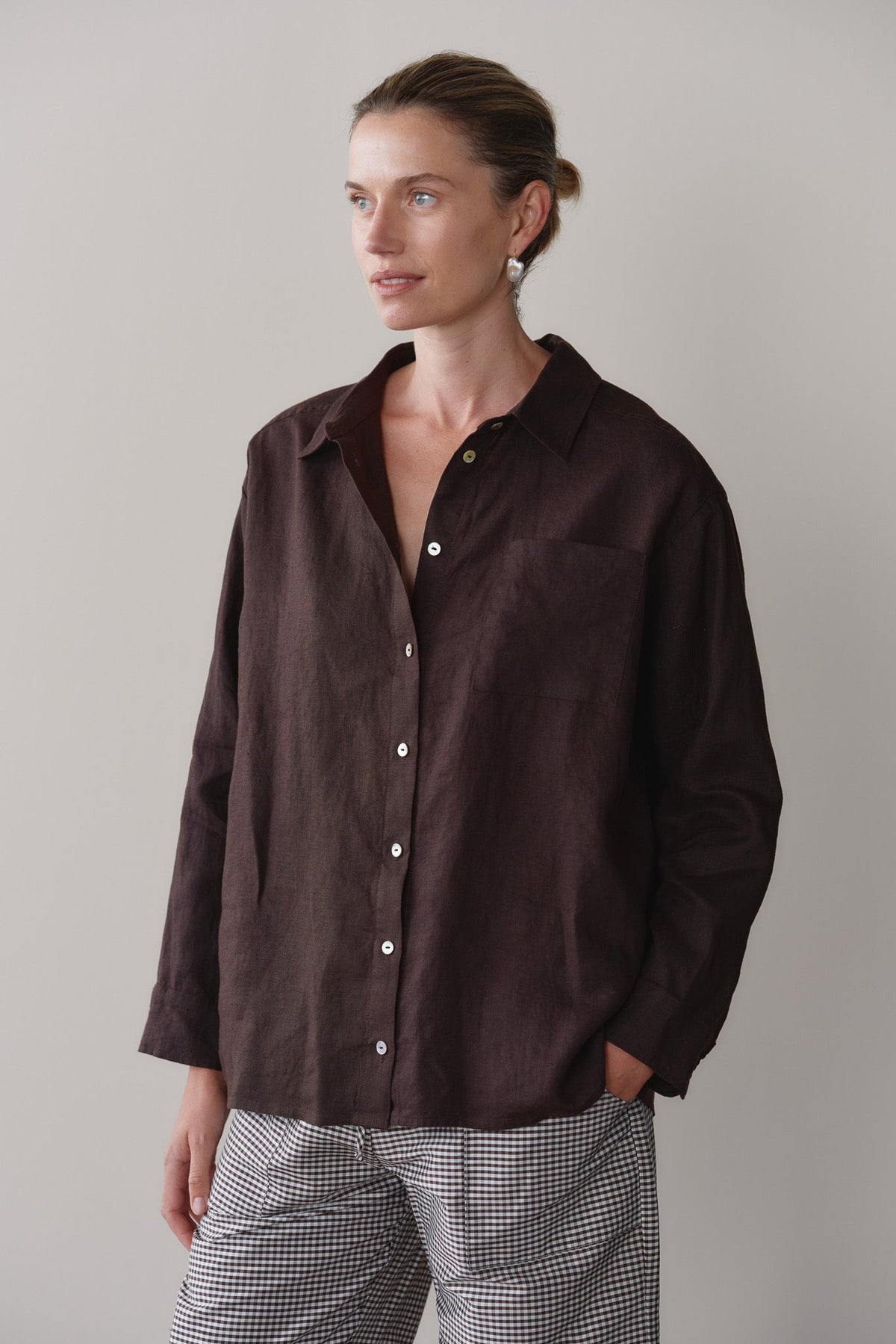 Women Espresso Linen Relaxed Shirt