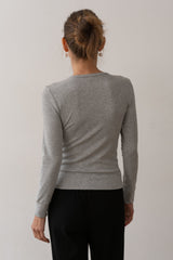 Women Heather Grey Baby Rib Scallop Long Sleeve