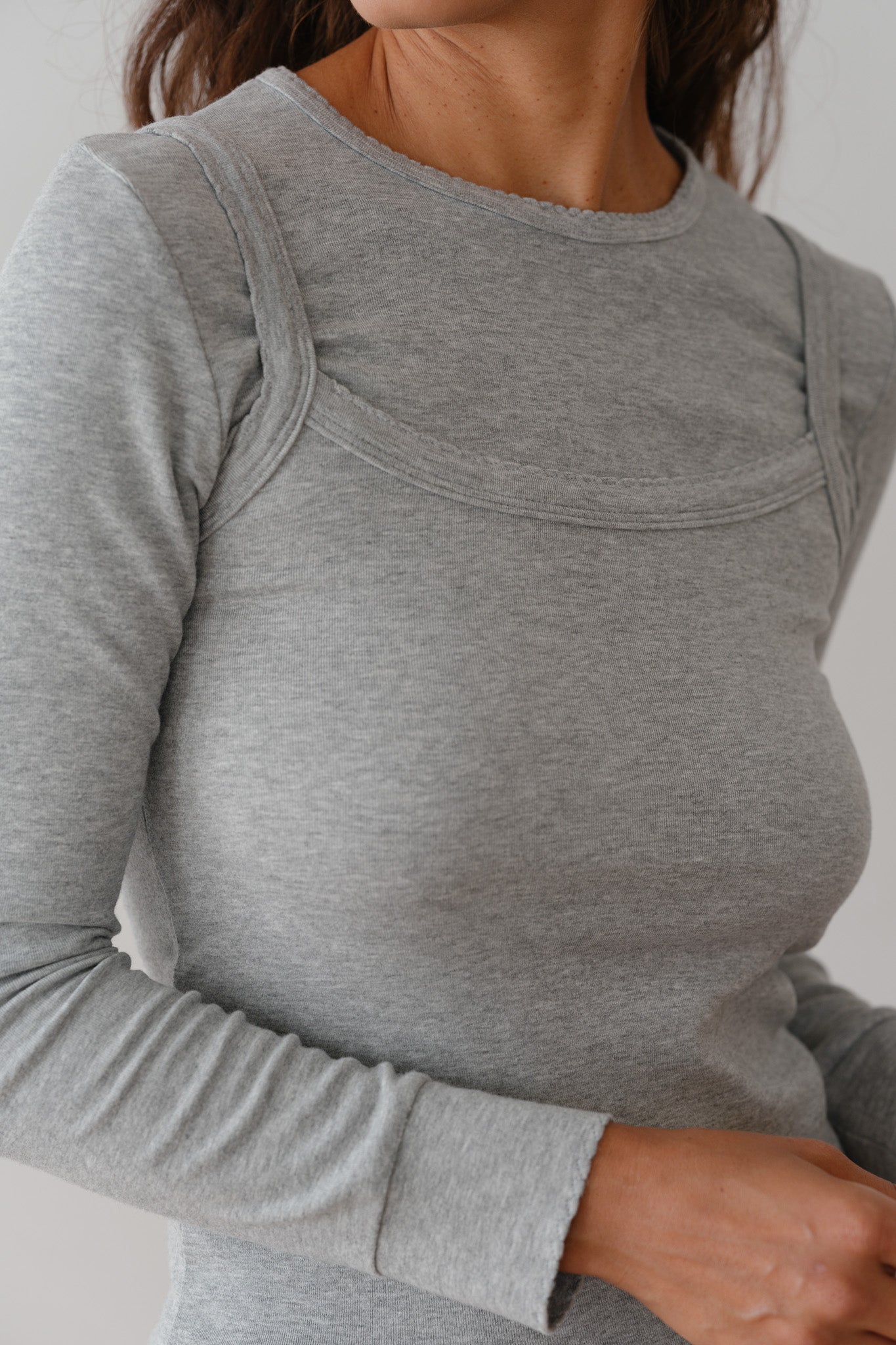 Women Heather Grey Baby Rib Scallop Long Sleeve