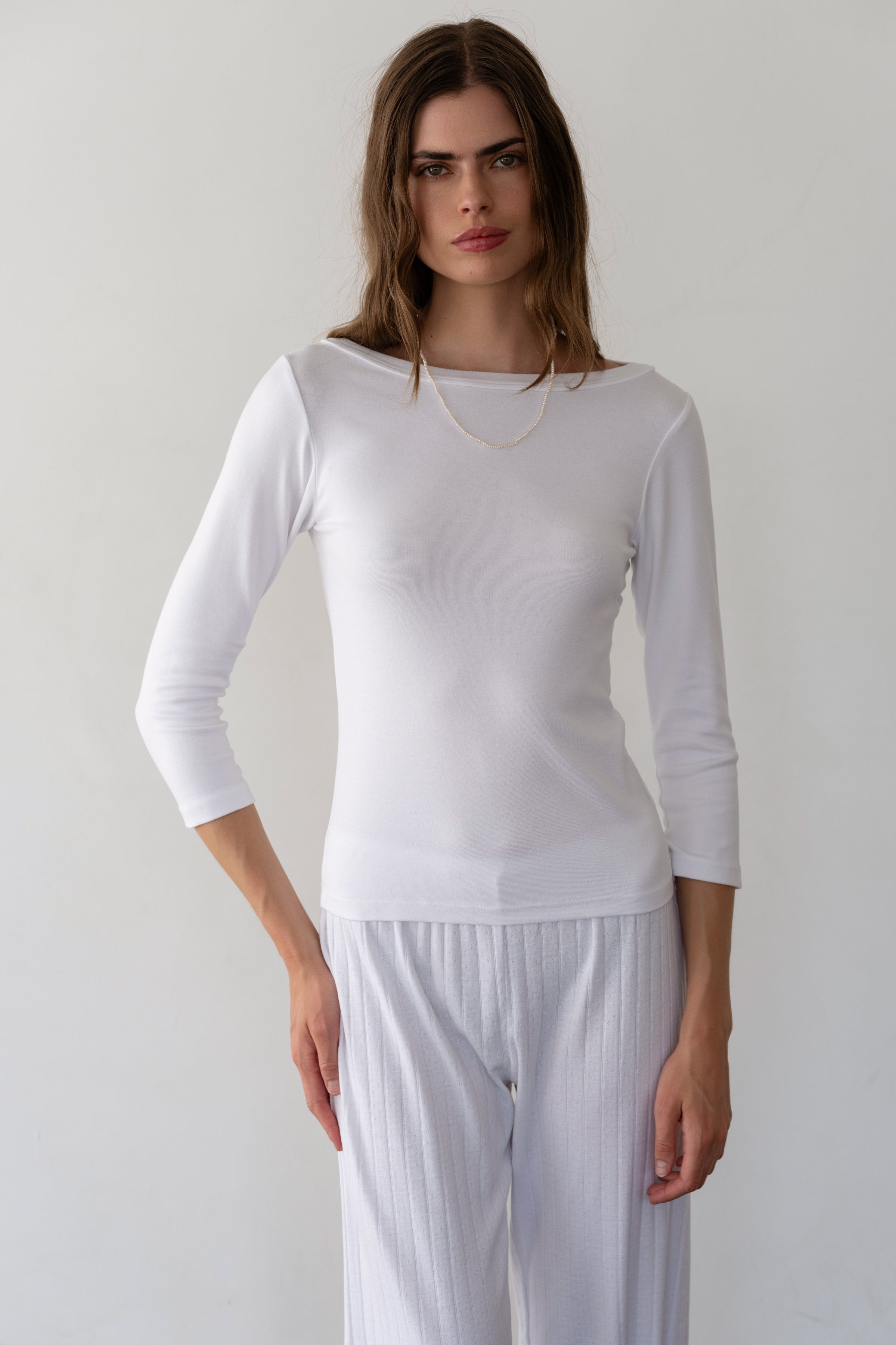 Women Powder Baby Rib Boat Neck