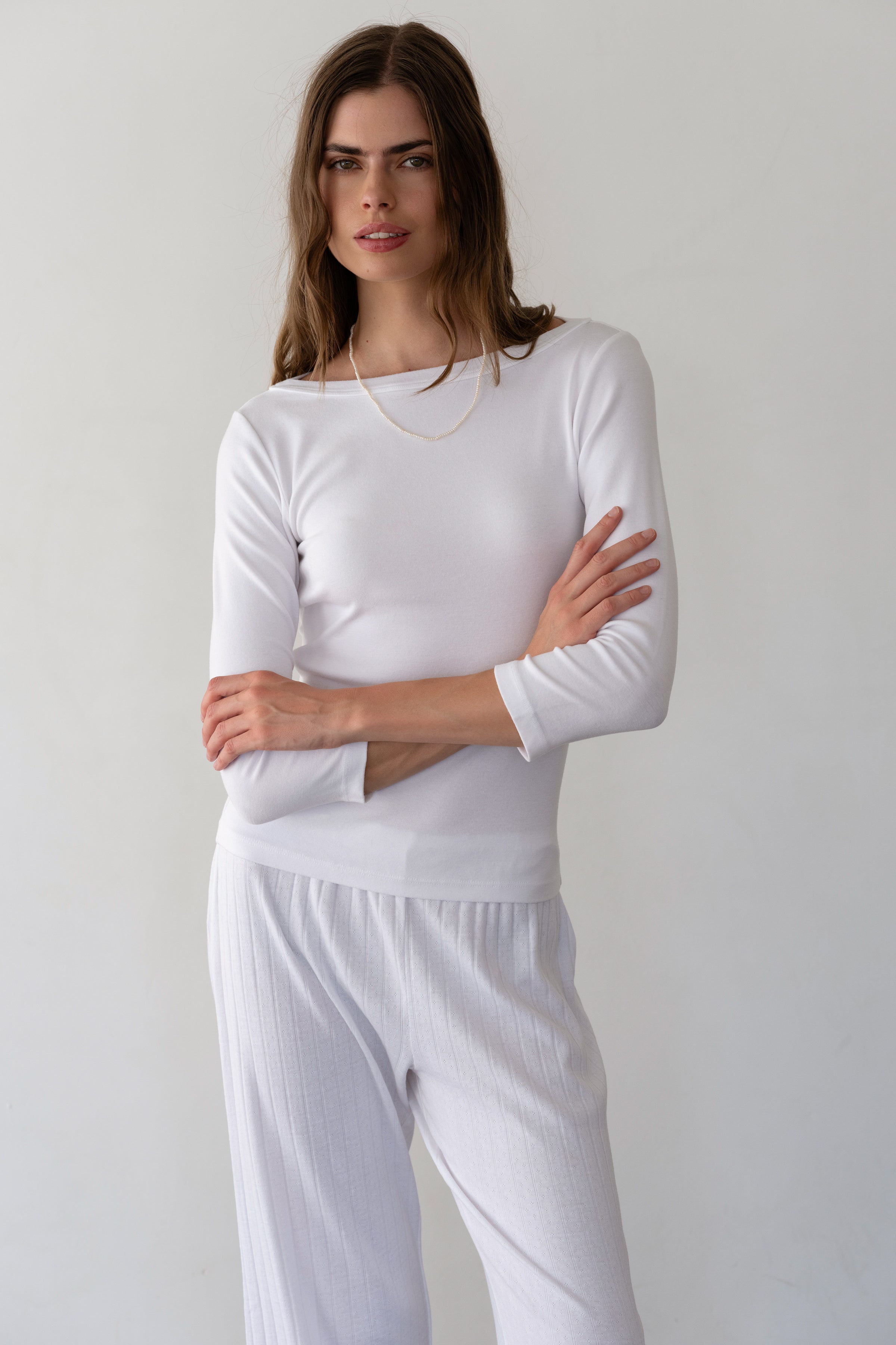 Women Powder Baby Rib Boat Neck