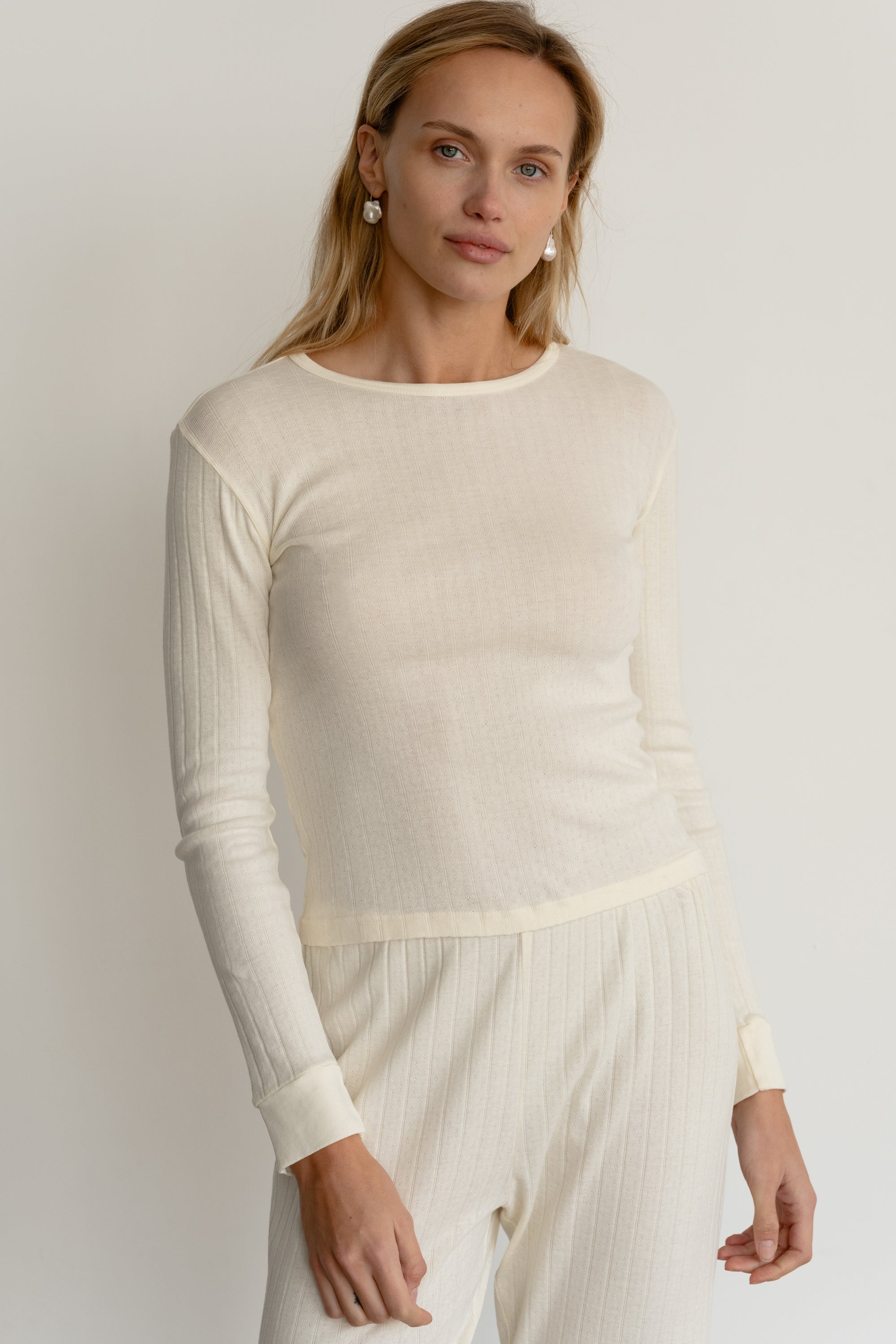 Women Creme Pointelle Long Sleeve