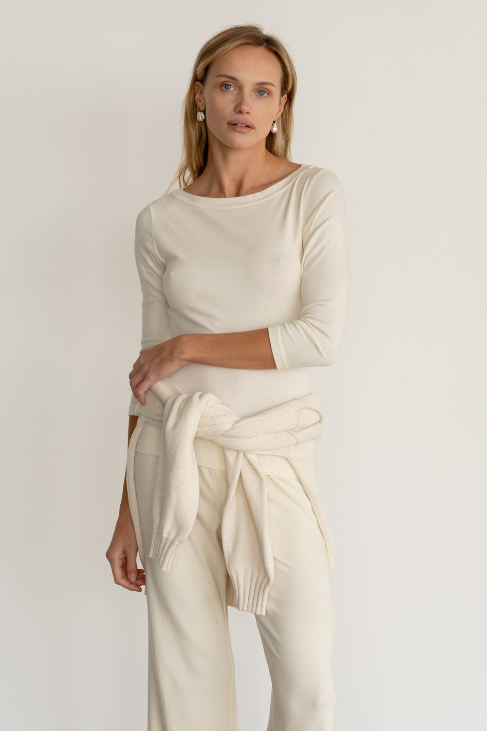 Women Creme Baby Rib Boat Neck