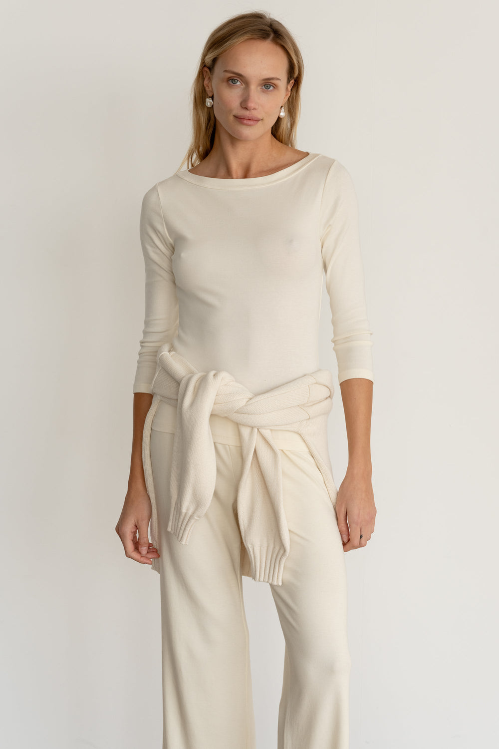 Women Creme Baby Rib Boat Neck