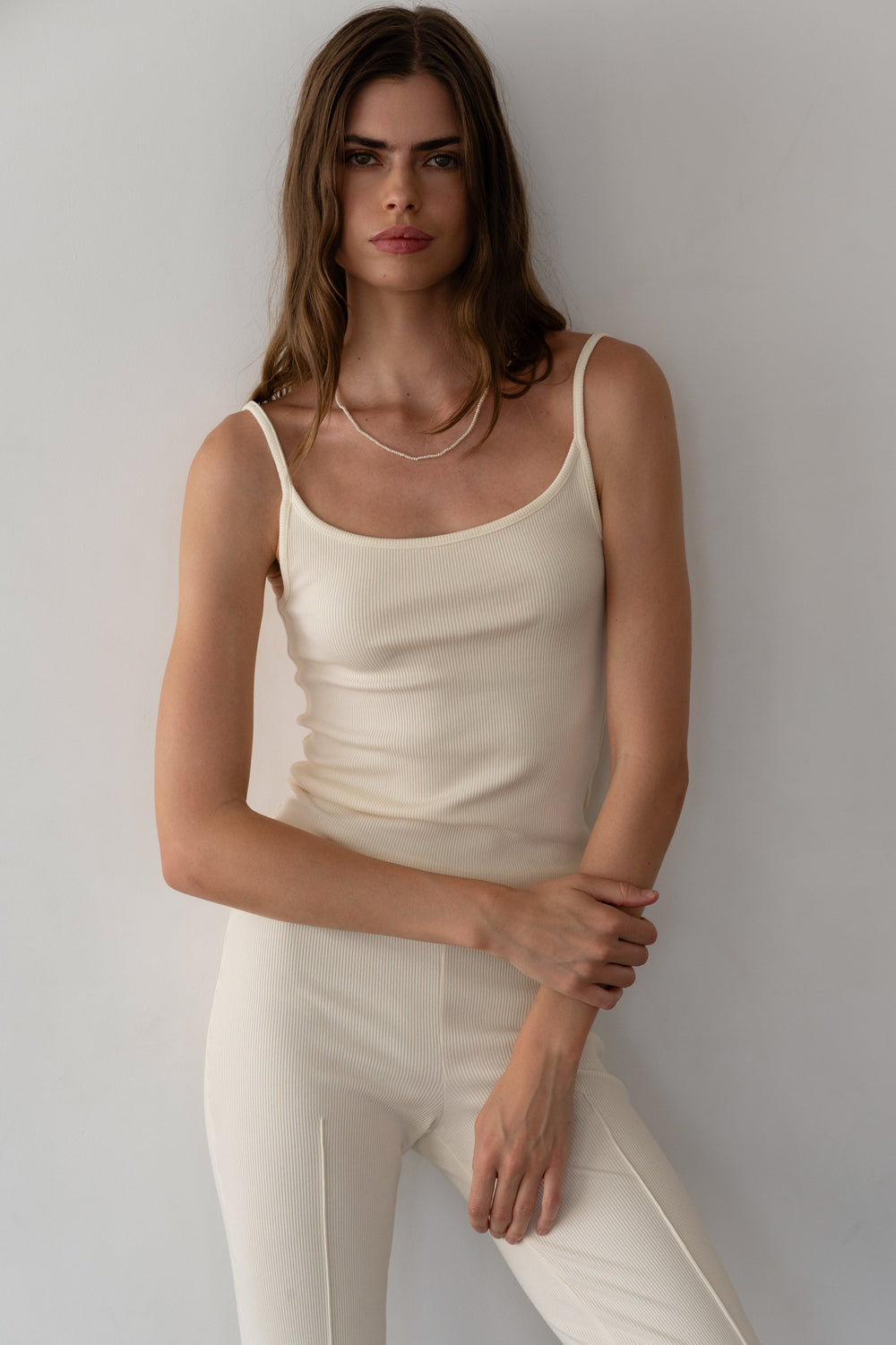 Women Creme Rib Spaghetti Tank